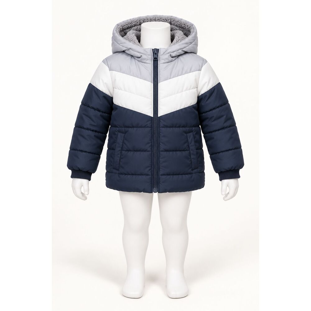 SwissTech Boys 3T Navy Gray Colorblock Hooded Puffer Jacket Fleece Lined